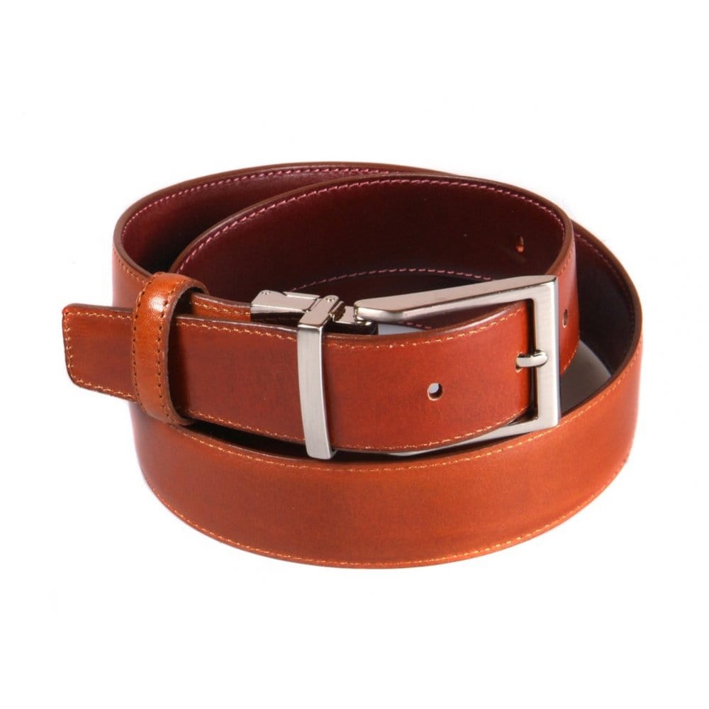 Men's leather reversible belt, light tan with dark tan 