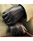 Fur lined leather gloves men's, black, lifestyle