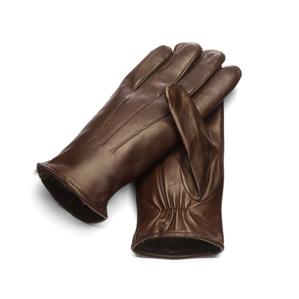 Fur lined leather gloves men&#39;s, brown