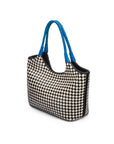 Woven leather shoulder bag, black and ecru check with cobalt handles, side