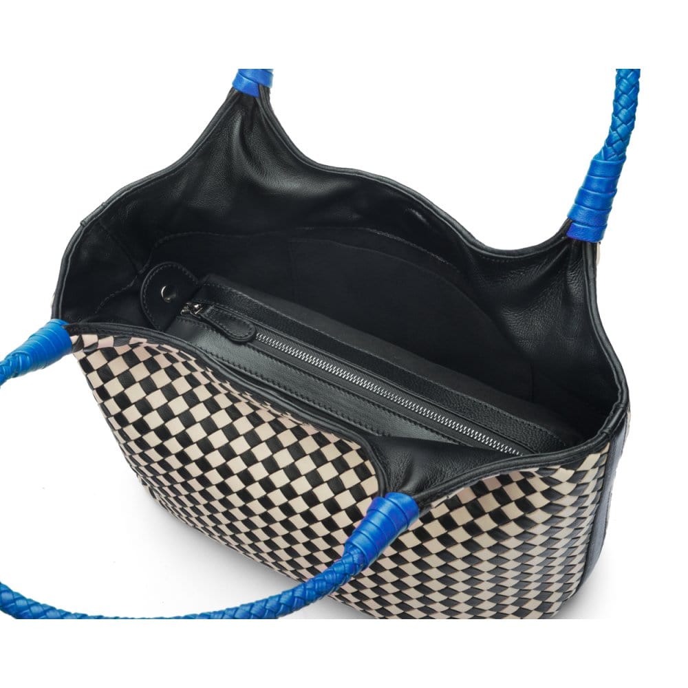 Woven leather shoulder bag, black and ecru check with cobalt handles, inside