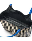 Woven leather shoulder bag, black and ecru check with cobalt handles, inside