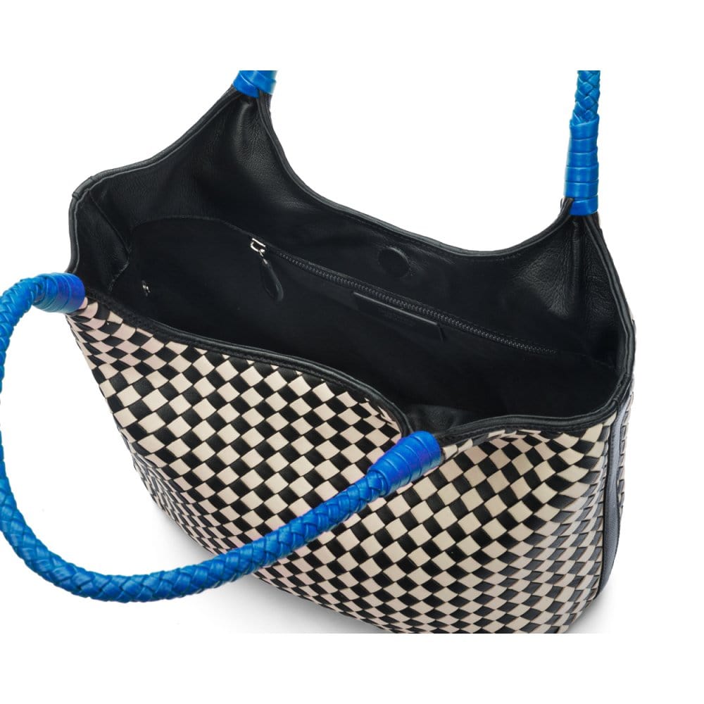 Woven leather shoulder bag, black and ecru check with cobalt handles, open