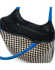 Woven leather shoulder bag, black and ecru check with cobalt handles, open