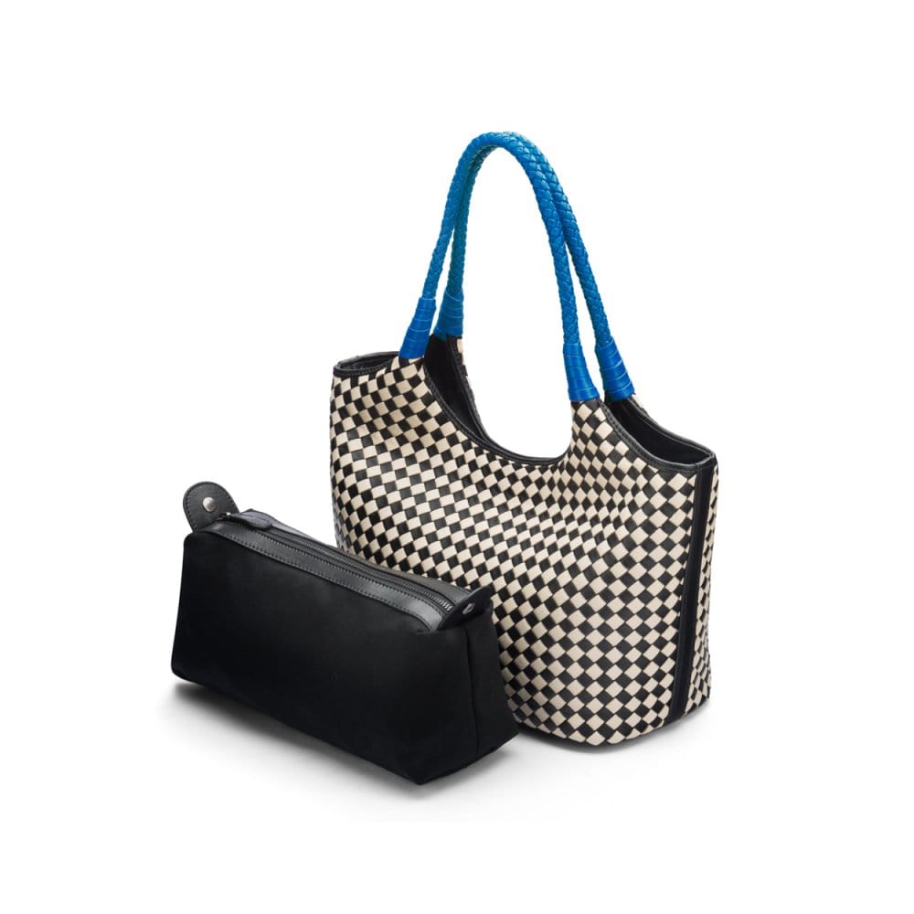 Woven leather shoulder bag, black and ecru check with cobalt handles, with detachable inner bag