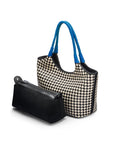 Woven leather shoulder bag, black and ecru check with cobalt handles, with detachable inner bag