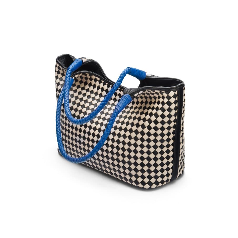 Woven leather shoulder bag, black and ecru check with cobalt handles