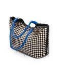 Woven leather shoulder bag, black and ecru check with cobalt handles