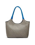 Woven leather shoulder bag, black and ecru check with cobalt handles, front