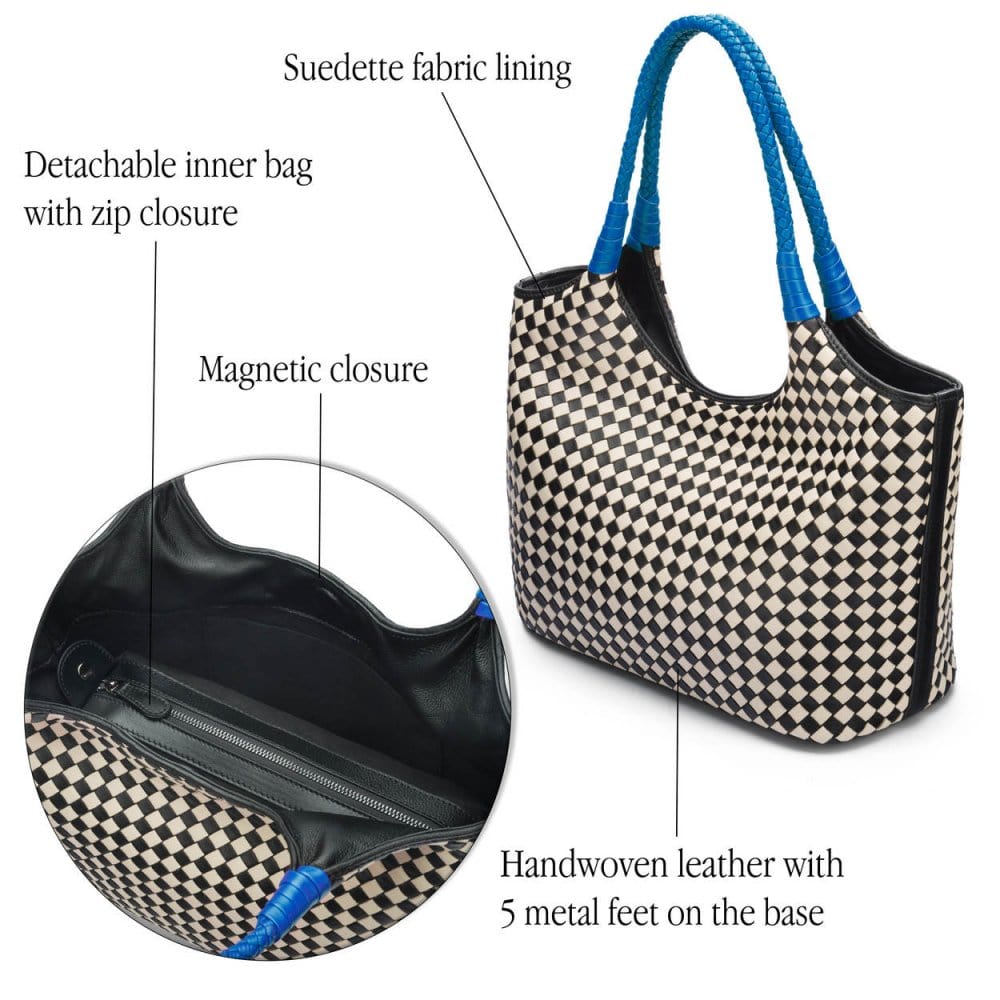 Woven leather shoulder bag, black and ecru check with cobalt handles, features