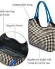 Woven leather shoulder bag, black and ecru check with cobalt handles, features