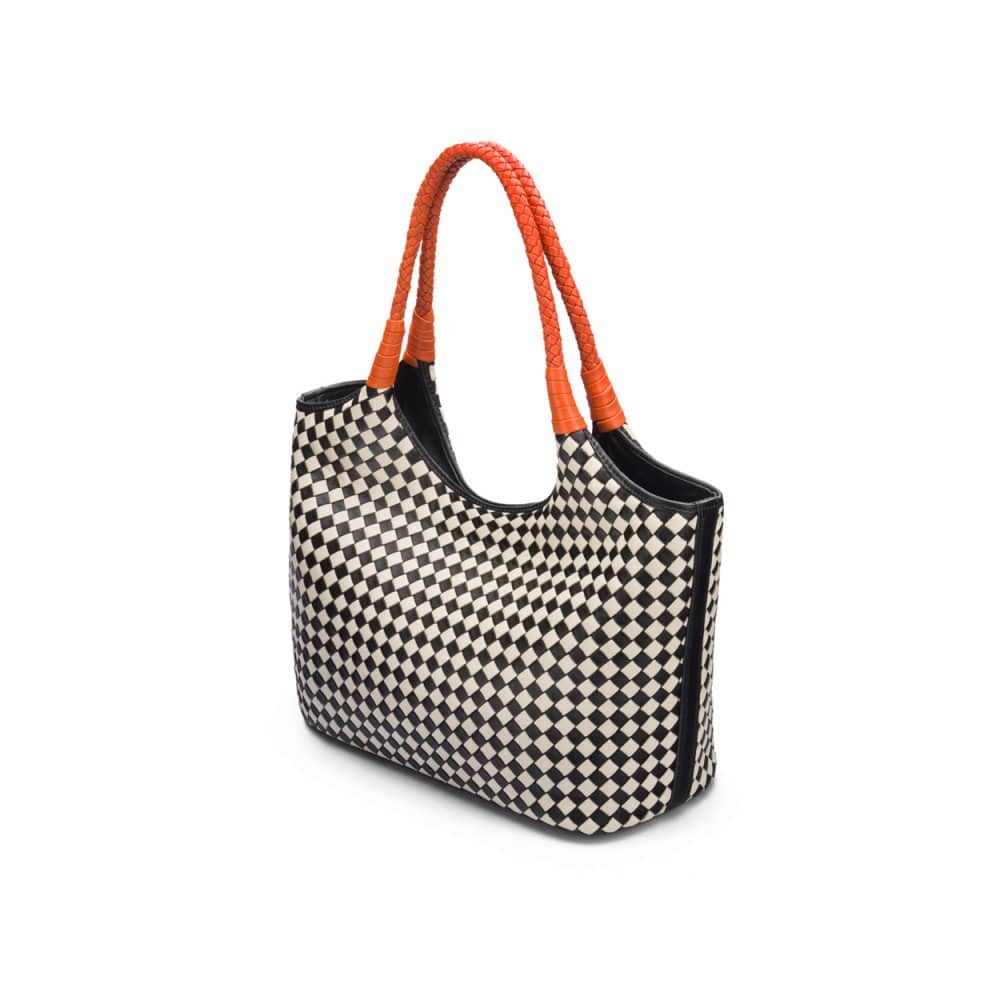 Woven leather shoulder bag, black and ecru check with orange handles, side