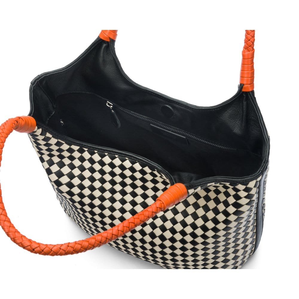 Woven leather shoulder bag, black and ecru check with orange handles, open