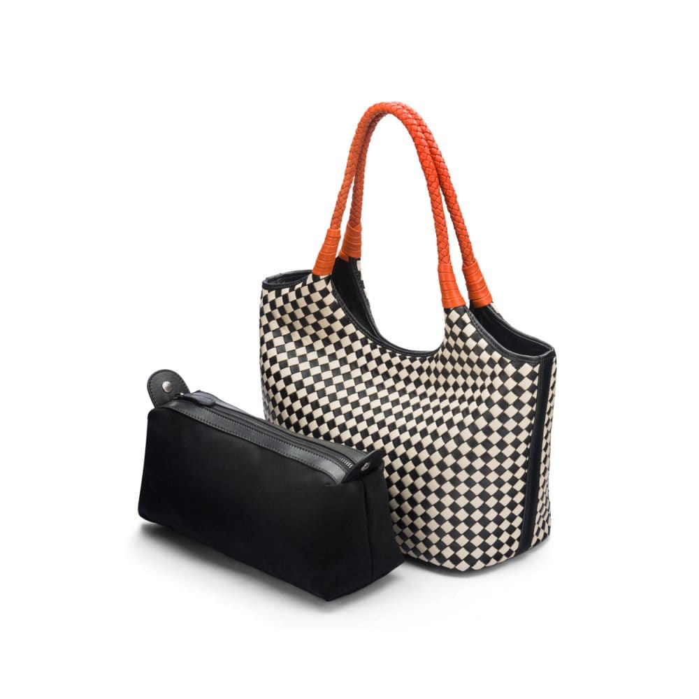 Woven leather shoulder bag, black and ecru check with orange handles, with detachable inner bag