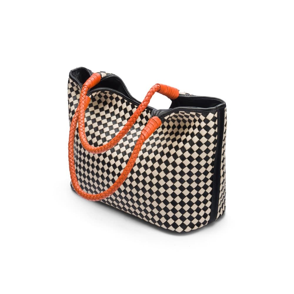 Woven leather shoulder bag, black and ecru check with orange handles