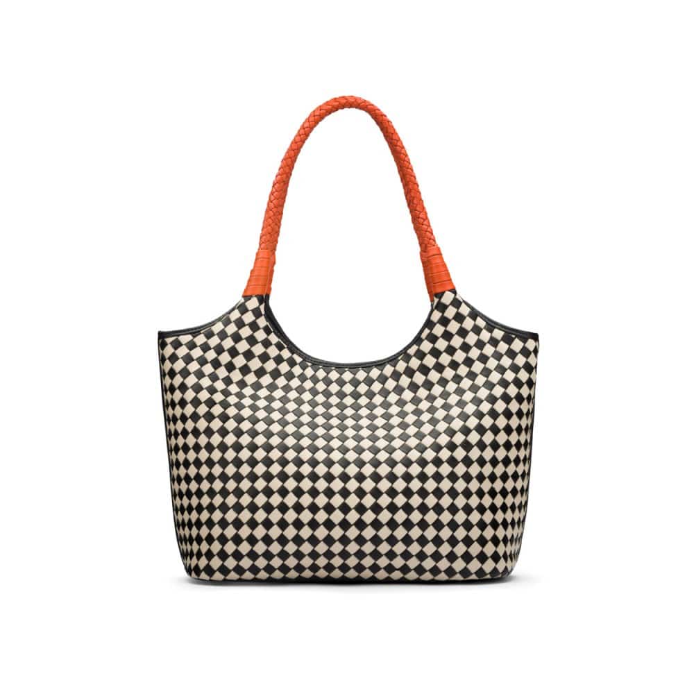 Woven leather shoulder bag, black and ecru check with orange handles, front