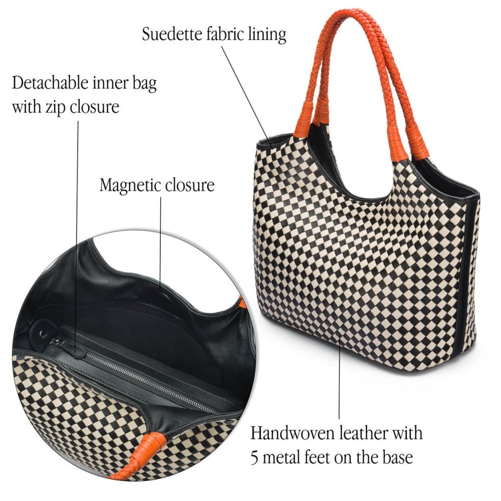 Woven leather shoulder bag, black and ecru check with orange handles, features