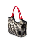 Woven leather shoulder bag, black and ecru check with red handles, side