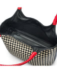 Woven leather shoulder bag, black and ecru check with red handles, inside