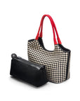 Woven leather shoulder bag, black and ecru check with red handles, with detachable inner bag