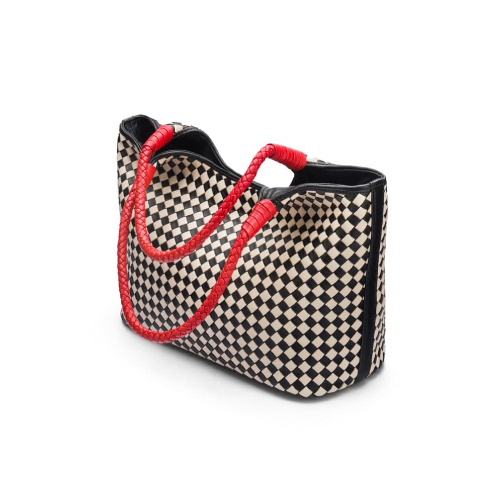 Woven leather shoulder bag, black and ecru check with red handles