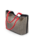 Woven leather shoulder bag, black and ecru check with red handles