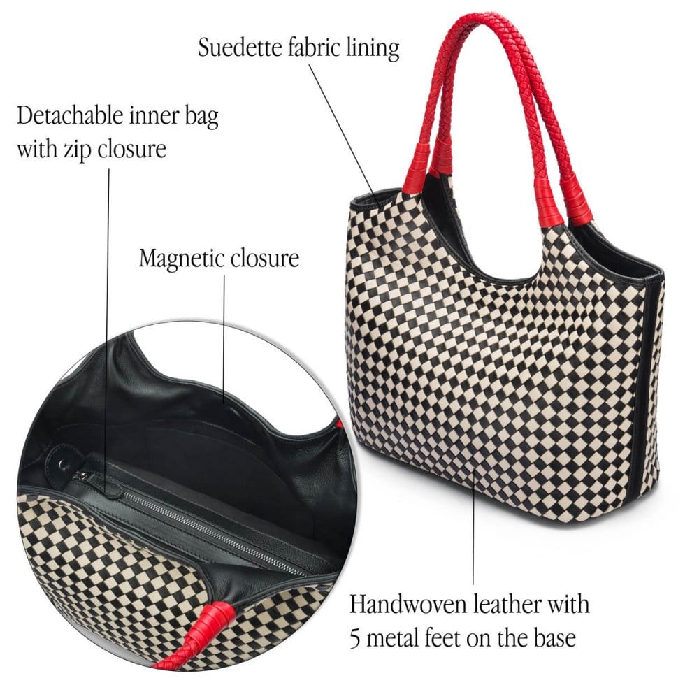 Woven leather shoulder bag, black and ecru check with red handles, features