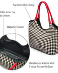 Woven leather shoulder bag, black and ecru check with red handles, features