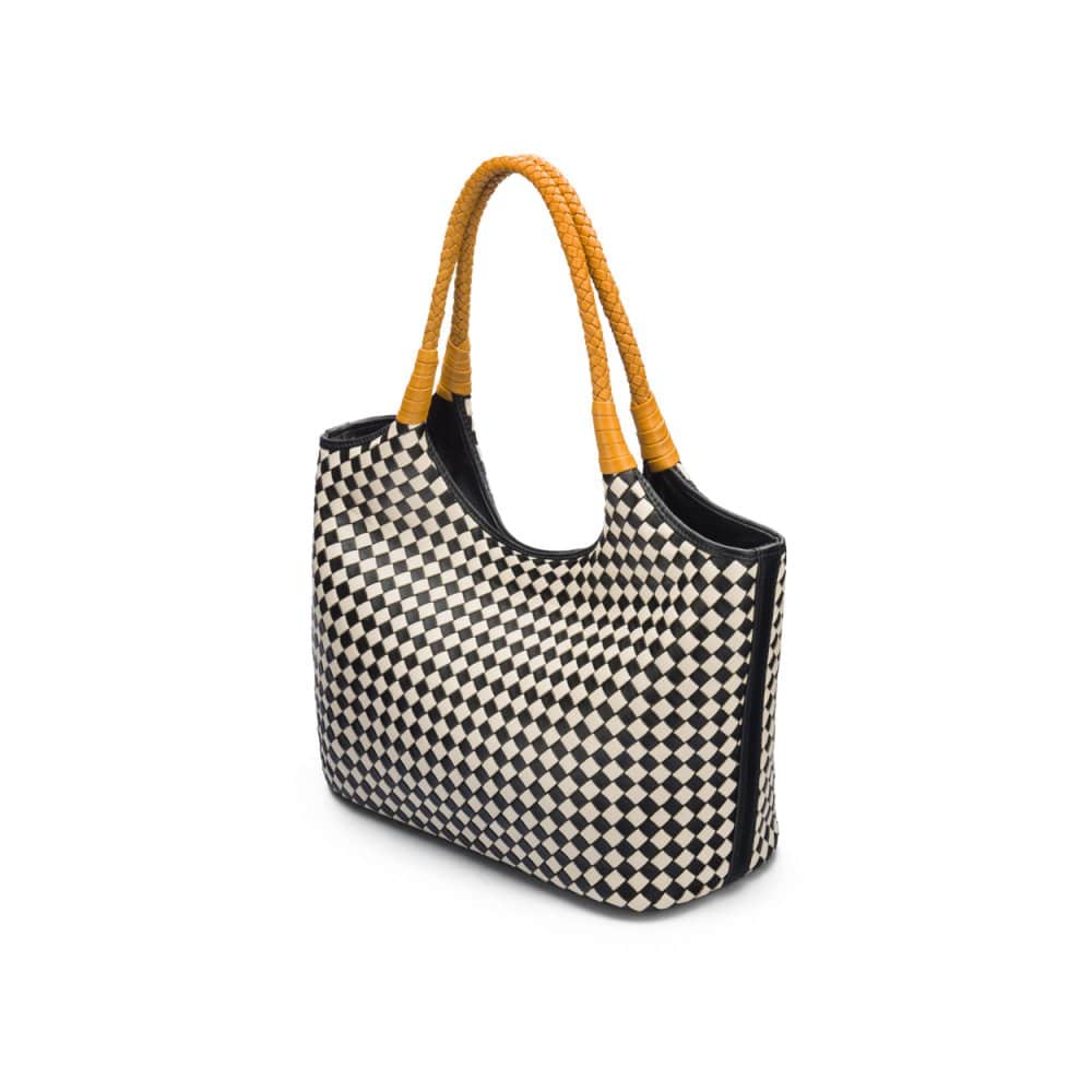 Woven leather shoulder bag, black and ecru check with yellow handles, side