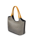 Woven leather shoulder bag, black and ecru check with yellow handles, side