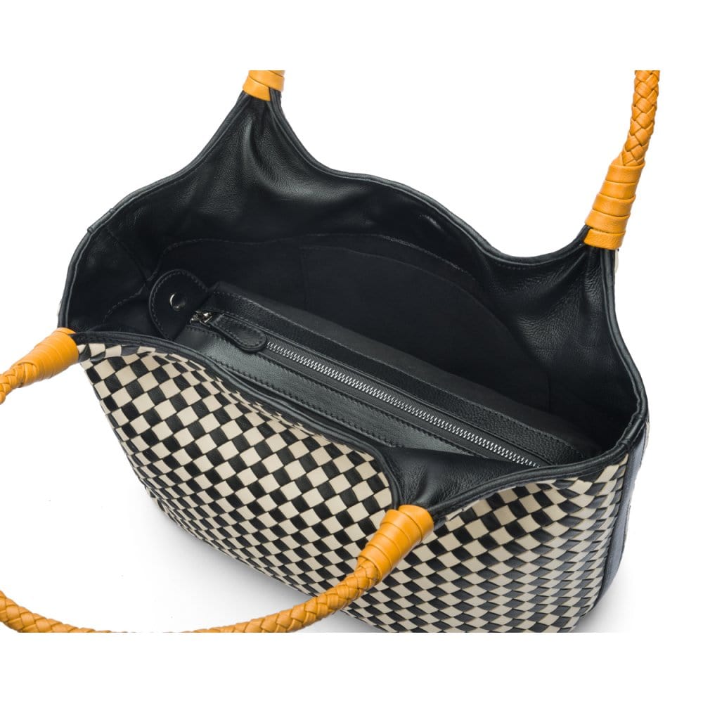 Woven leather shoulder bag, black and ecru check with yellow handles, inside