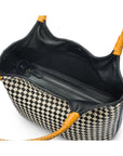 Woven leather shoulder bag, black and ecru check with yellow handles, inside