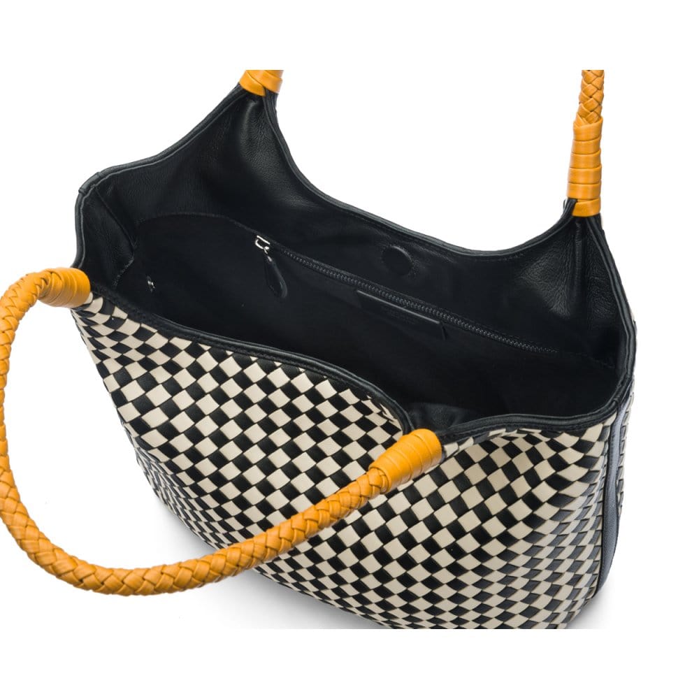 Woven leather shoulder bag, black and ecru check with yellow handles, open