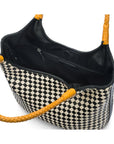 Woven leather shoulder bag, black and ecru check with yellow handles, open