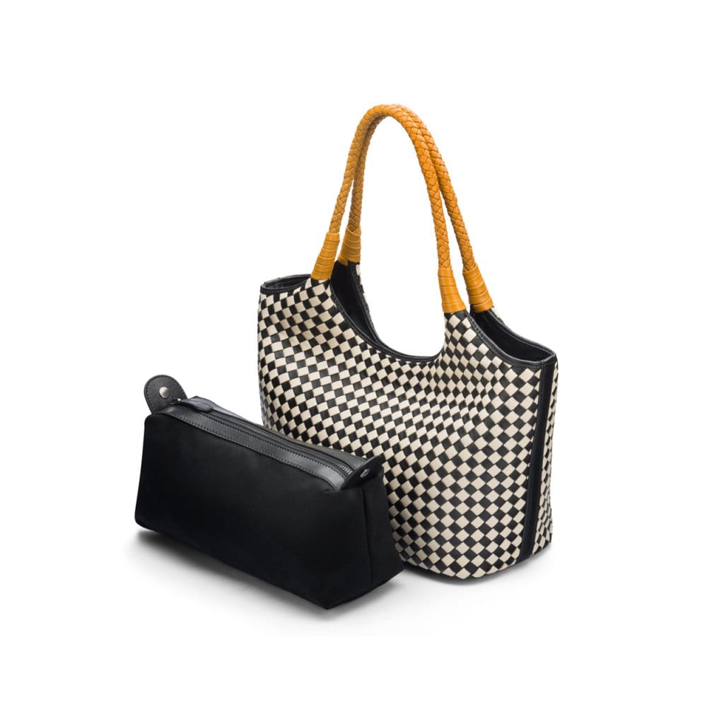 Woven leather shoulder bag, black and ecru check with yellow handles, with detachable inner bag