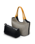 Woven leather shoulder bag, black and ecru check with yellow handles, with detachable inner bag