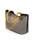 Woven leather shoulder bag, black and ecru check with yellow handles