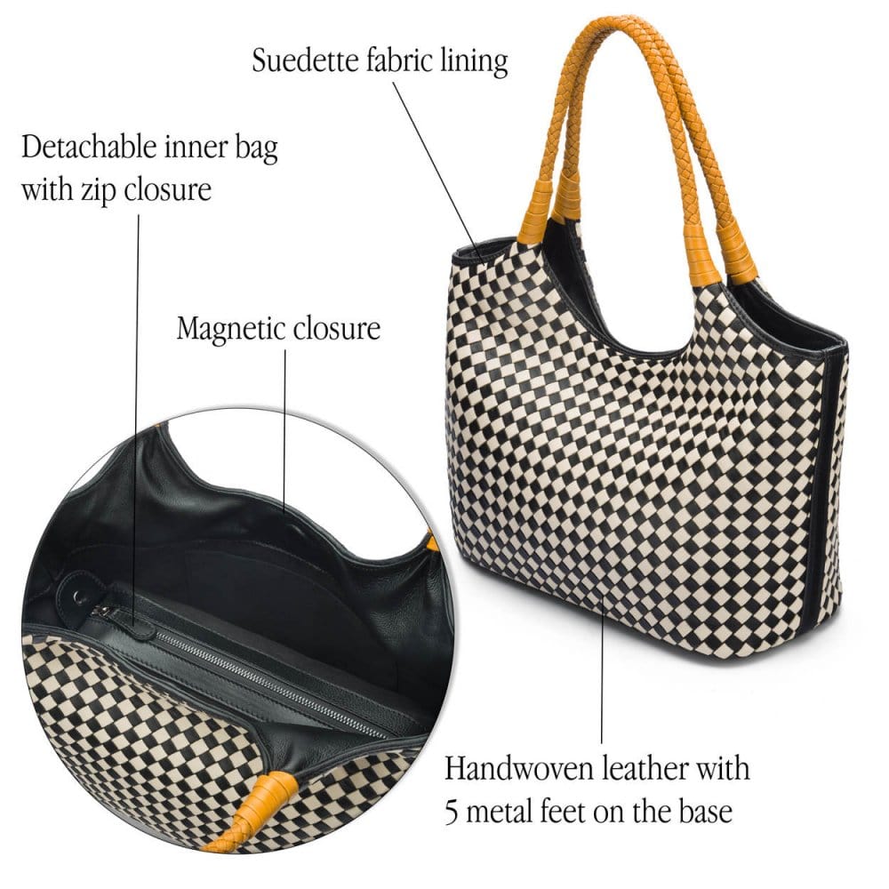 Woven leather shoulder bag, black and ecru check with yellow handles, features