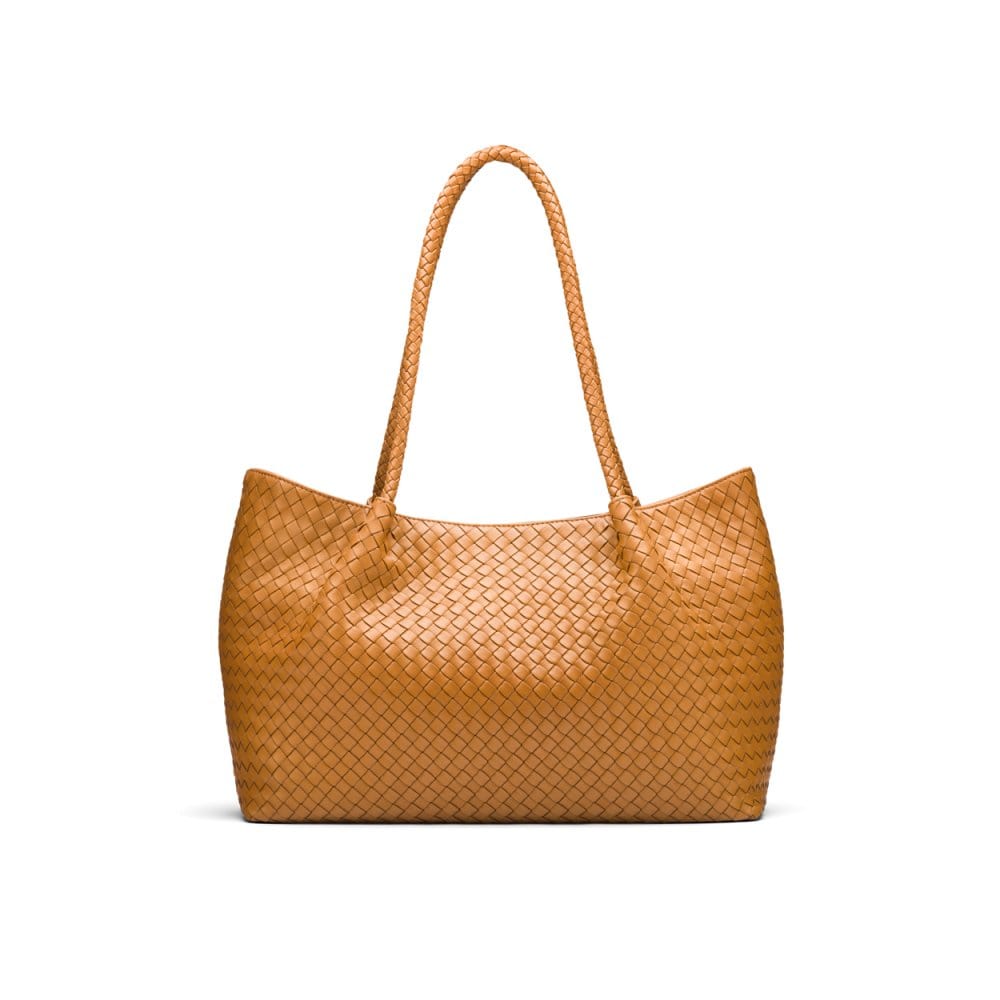 Woven leather slouchy bag, mustard, front