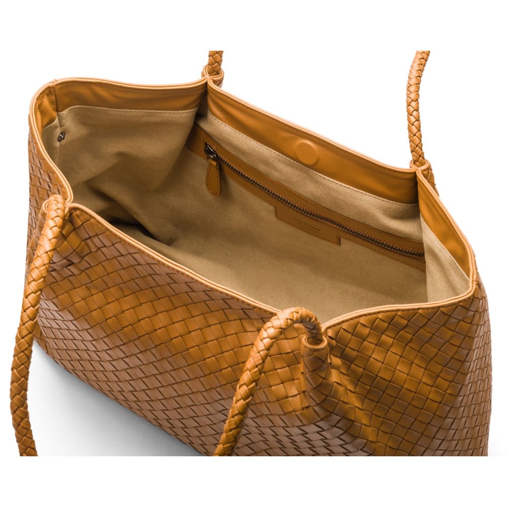 Woven leather slouchy bag, mustard, inside without inner bag