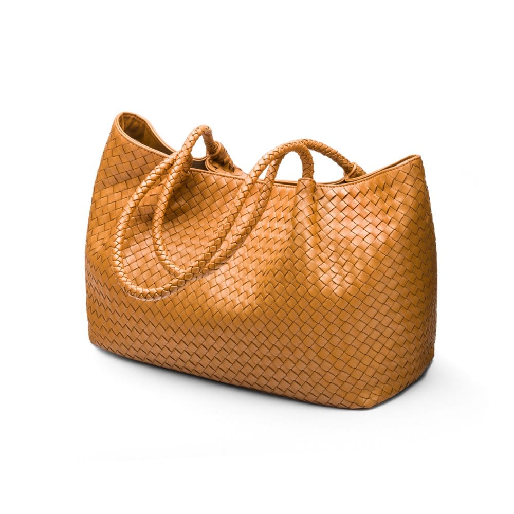 Woven leather slouchy bag, mustard, side