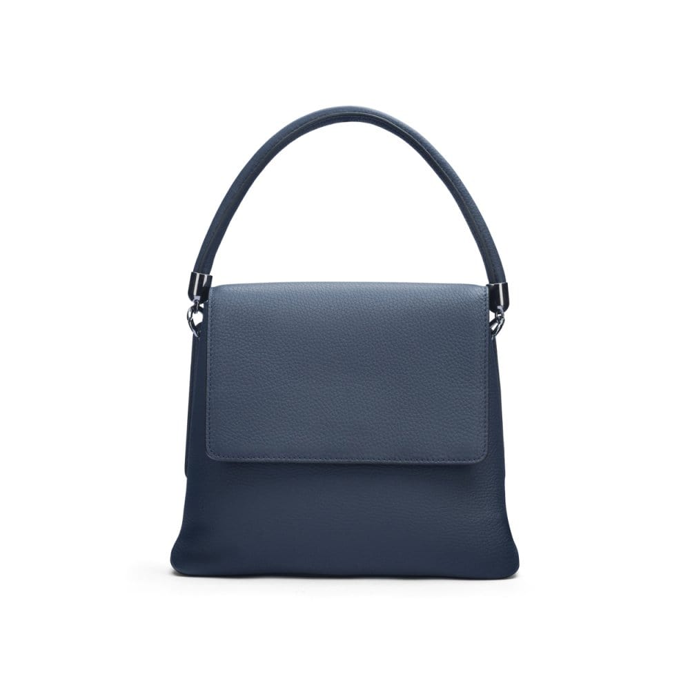 Leather handbag with flap over lid, navy, front view