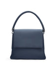 Leather handbag with flap over lid, navy, front view