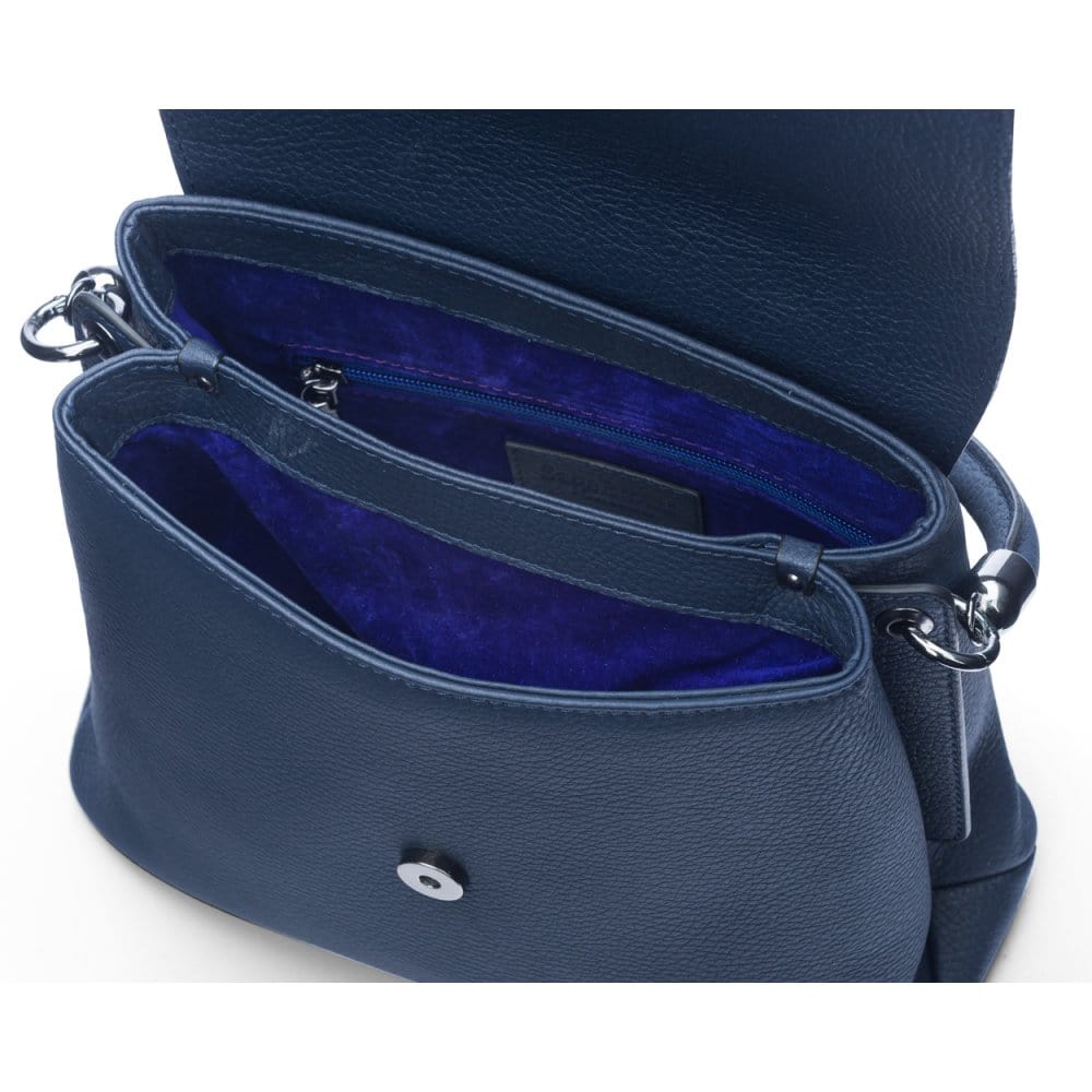 Leather handbag with flap over lid, navy, inside view