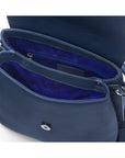 Leather handbag with flap over lid, navy, inside view