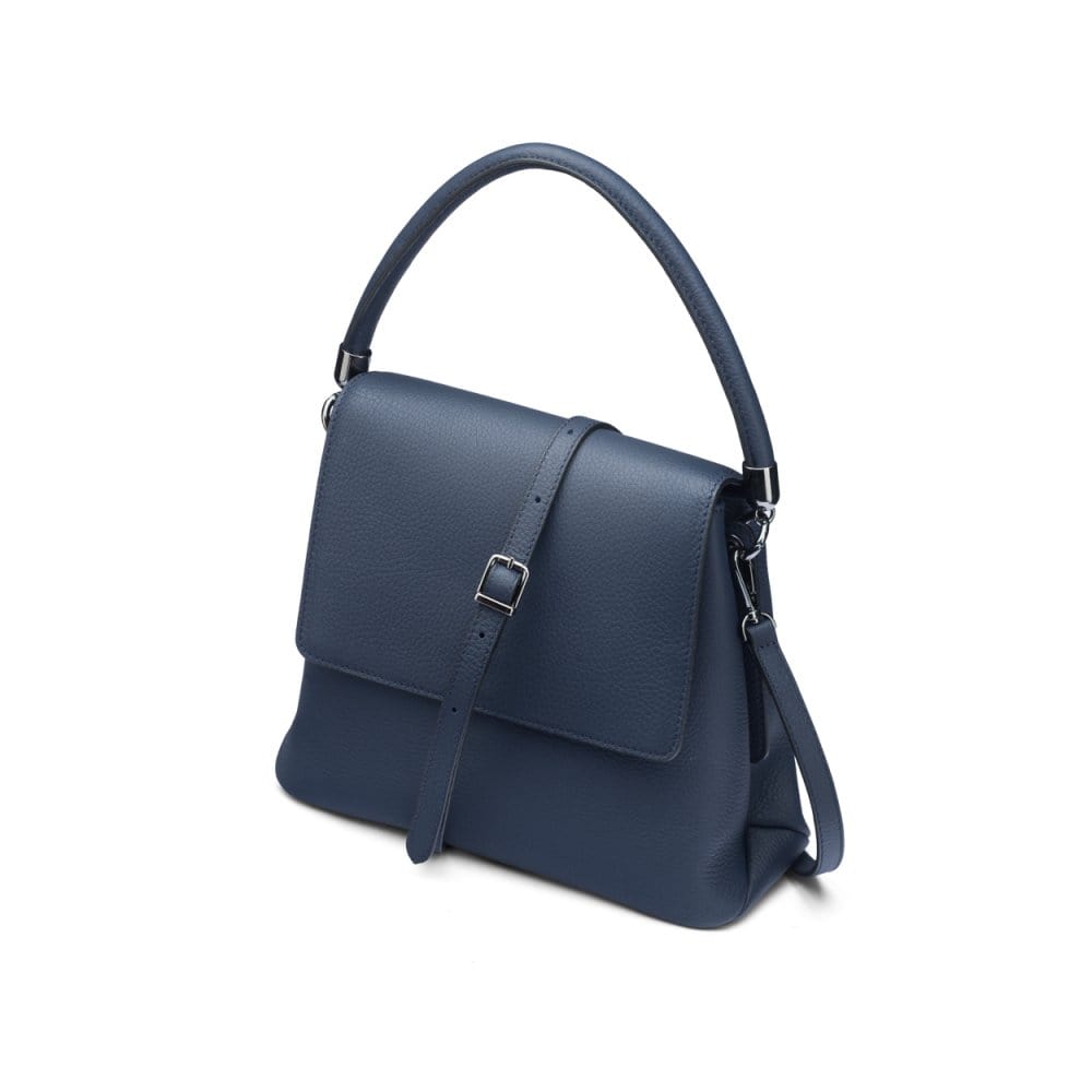 Leather handbag with flap over lid, navy, side view