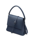 Leather handbag with flap over lid, navy, side view