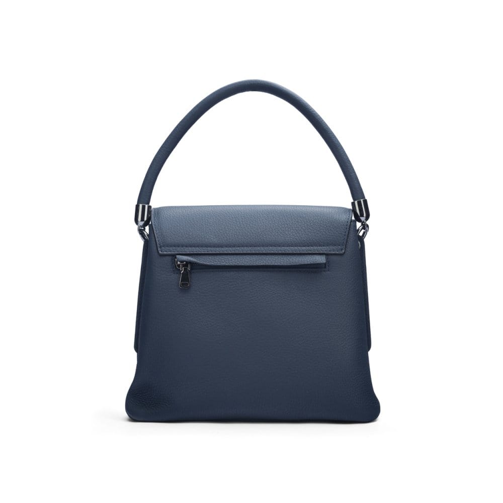 Leather handbag with flap over lid, navy, back view
