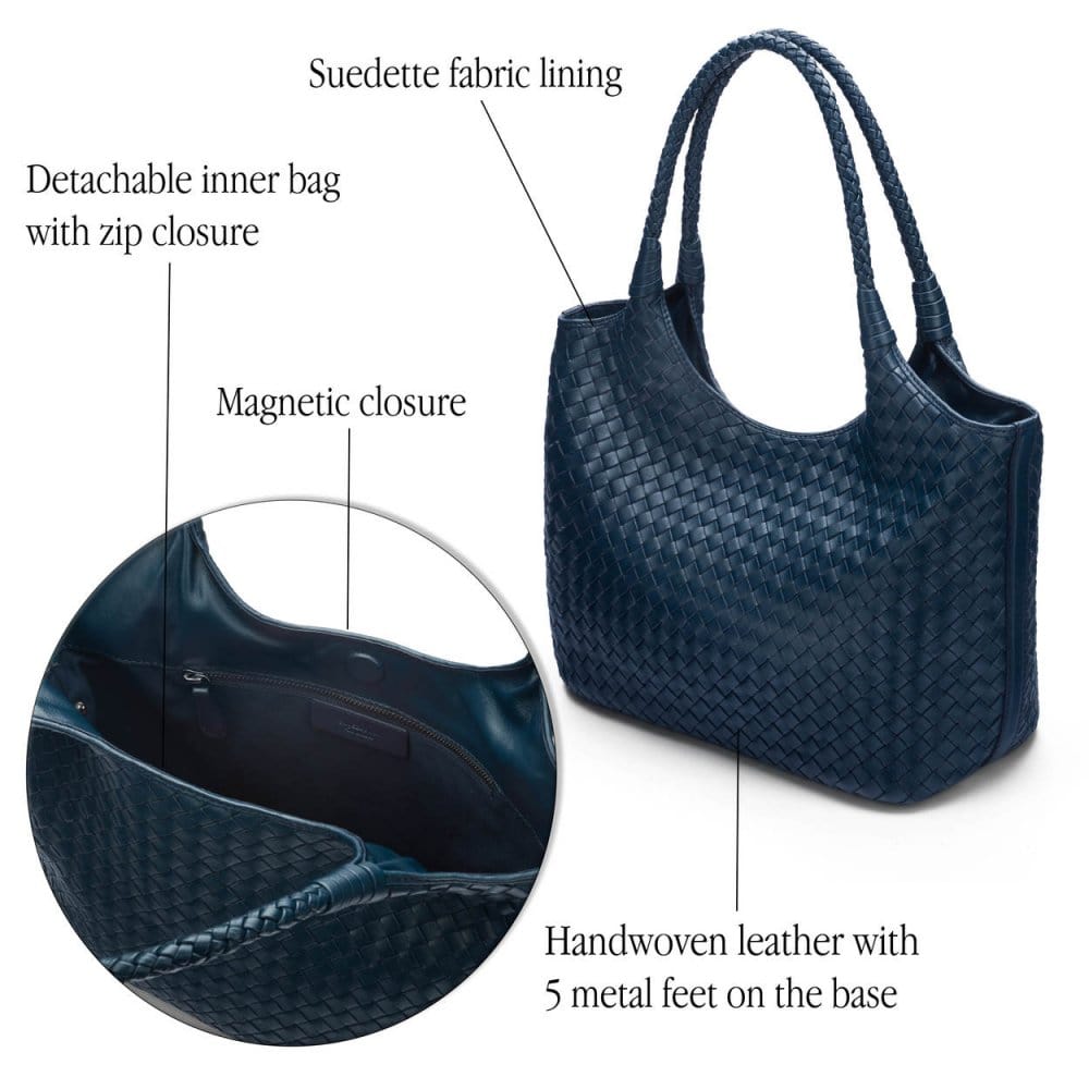 Woven leather shoulder bag, navy, features