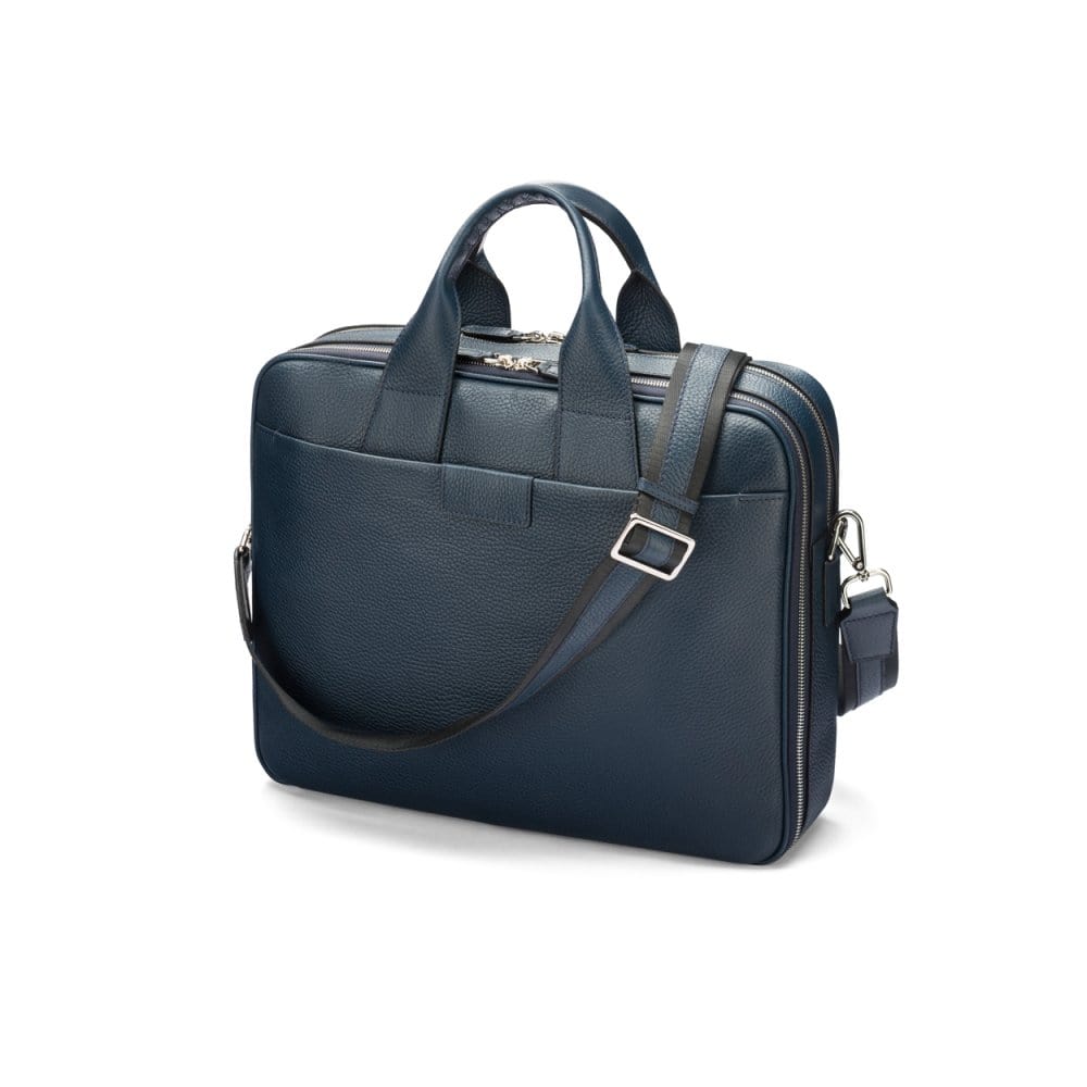 15" leather laptop briefcase, navy, with shoulder strap
